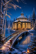 Thumbnail for Diamond Painting of an illuminated pavilion in a snowy winter scene with a decorated bridge.
