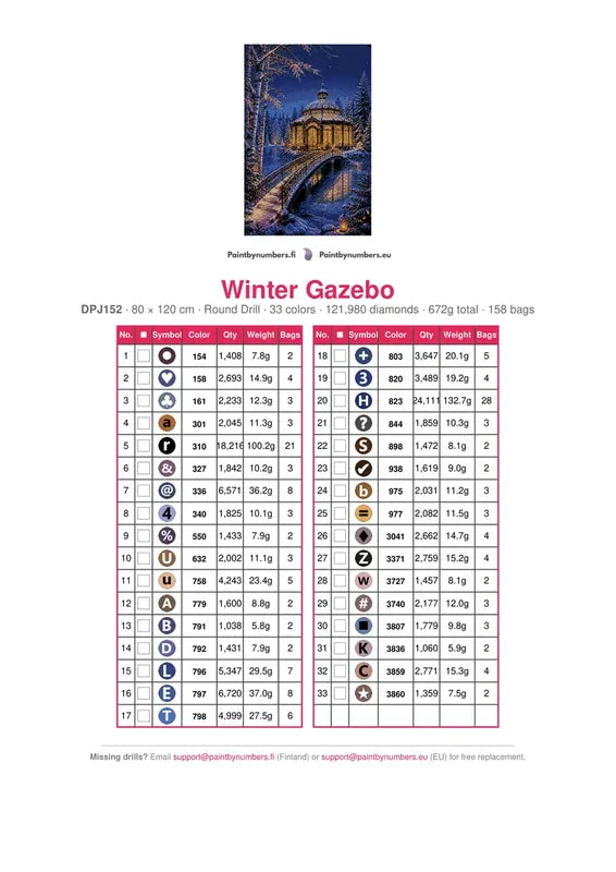 DMC color chart for Winter Gazebo diamond painting - 33 colors