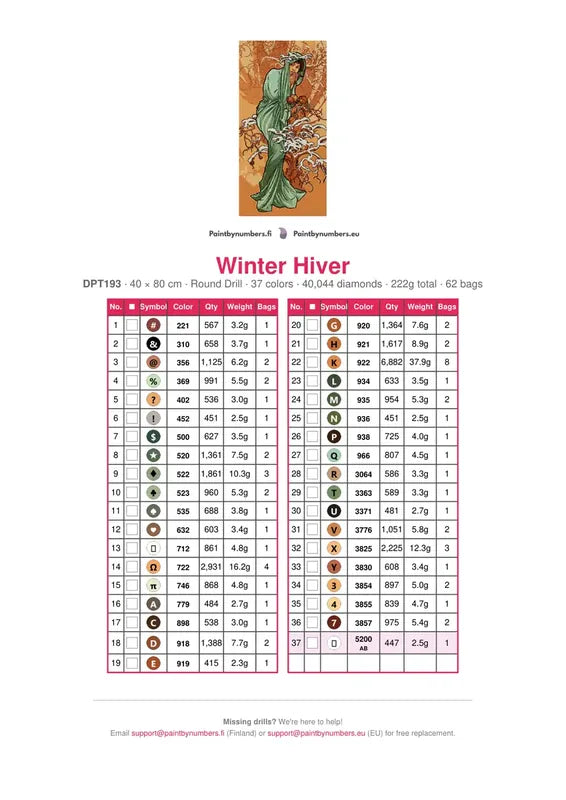 Winter Hiver diamond painting color chart – 37 DMC colors