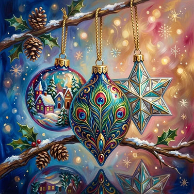 Diamond painting featuring three Christmas ornaments on a branch, with a colorful winter landscape in the background.