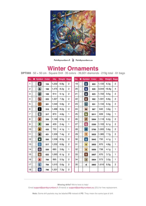 Winter Ornaments diamond painting color chart – 35 DMC colors