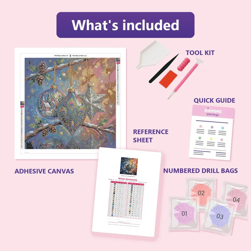 Winter Ornaments 50x50cm diamond painting kit contents: adhesive canvas, color chart, tools and diamond bags