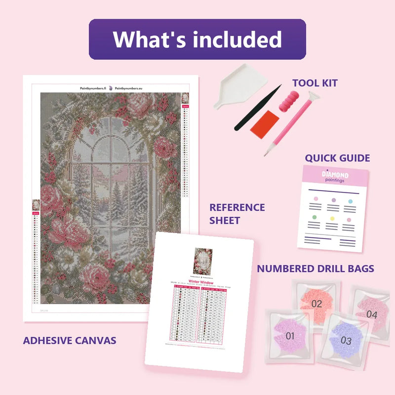 What is included in the Winter Window diamond painting kit - adhesive canvas, reference sheet, tools and numbered drill bags