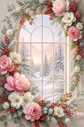 Thumbnail for Diamond Painting of a window framed by pink and white flowers with a snowy winter forest view.