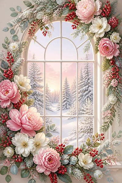 Diamond Painting of a window framed by pink and white flowers with a snowy winter forest view.