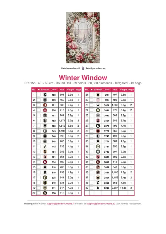 DMC color chart for Winter Window diamond painting - 39 colors