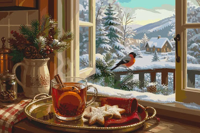 Winter window, tea, cookies and bullfinch paint by numbers