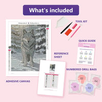 Thumbnail for Winter Wolf 30x40cm diamond painting kit contents: adhesive canvas, color chart, tools and diamond bags
