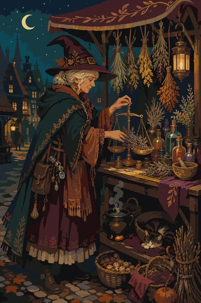 Witch at herb market paint by numbers, herbs, cat, night scene.