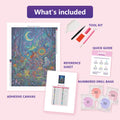 Thumbnail for What is included in the Witch on Goat diamond painting kit - adhesive canvas, reference sheet, tools and numbered drill bags