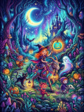 Thumbnail for Diamond Painting of a whimsical Halloween parade in a moonlit forest, colorful and detailed.