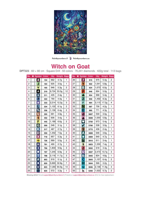 DMC color chart for Witch on Goat diamond painting - 50 colors