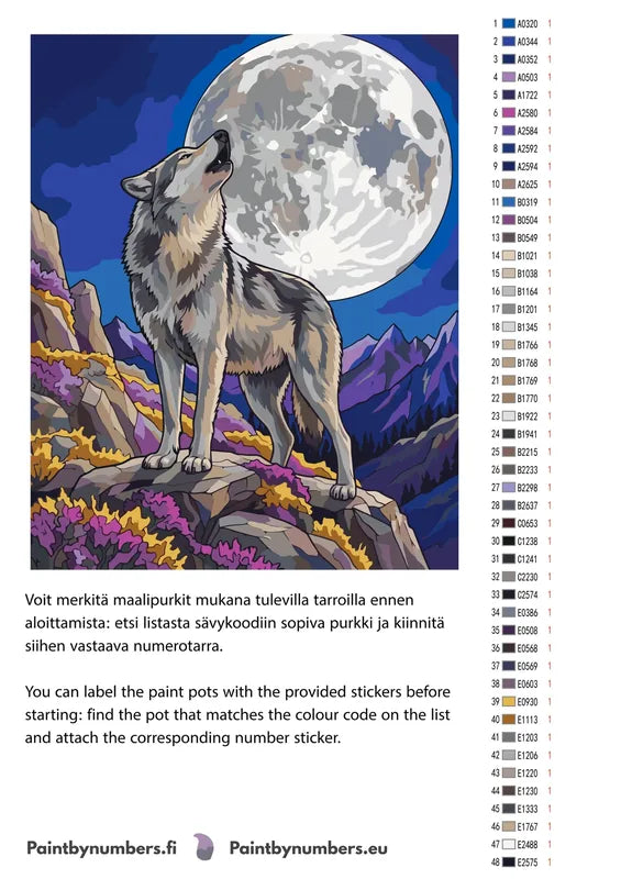 Paint color chart and instructions - Wolf Howling at Moon 40x50cm