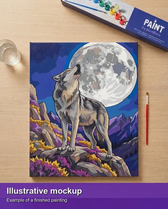 Finished paint by numbers mockup - Wolf Howling at Moon 40x50cm