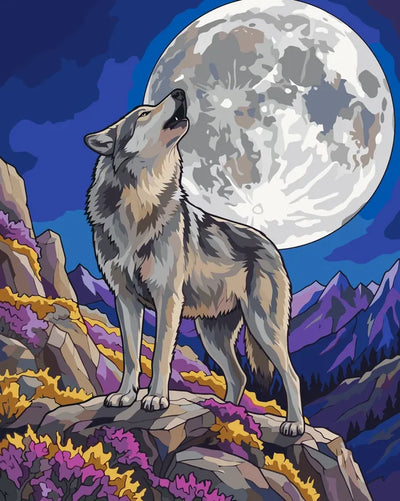 Wolf howling at the full moon in mountains paint by numbers.