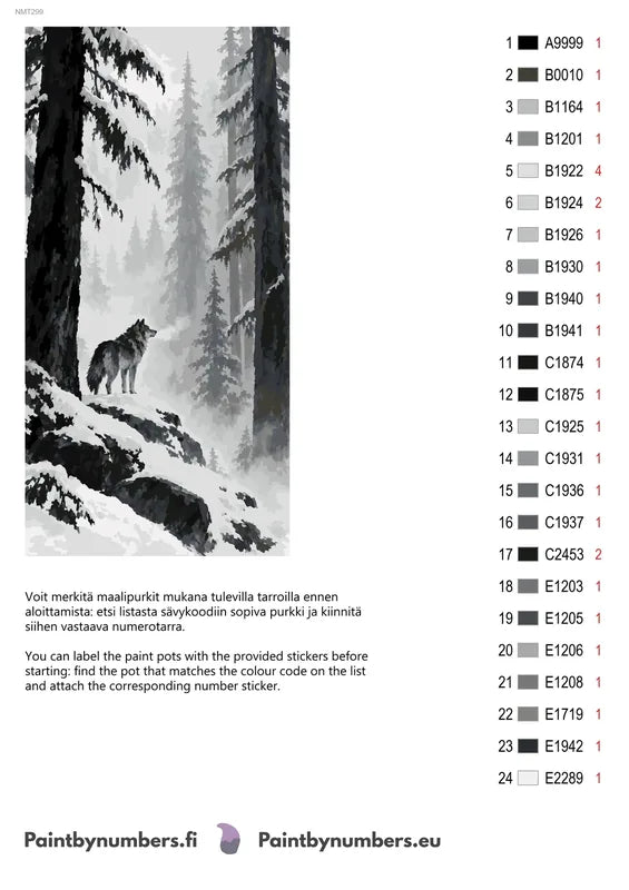 Paint color chart and instructions - Wolf in the Ink Forest 40x80cm