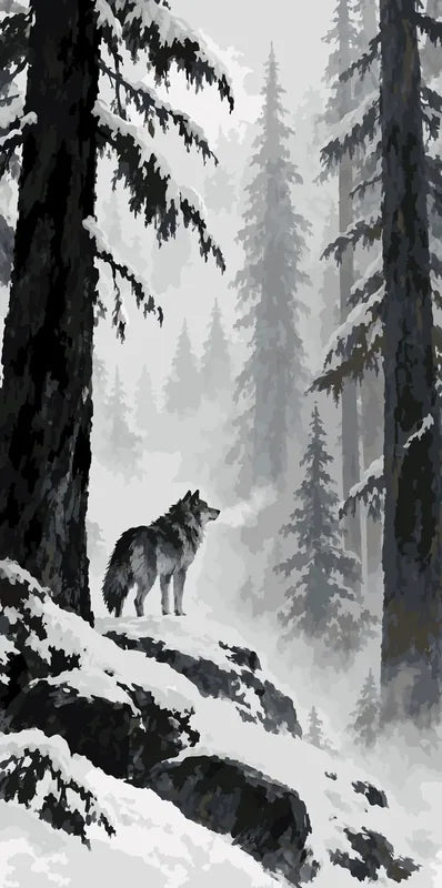 Wolf standing in snowy pine forest paint by numbers
