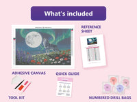 Thumbnail for Wolf Under the Moon 60x40cm diamond painting kit contents: adhesive canvas, color chart, tools and diamond bags