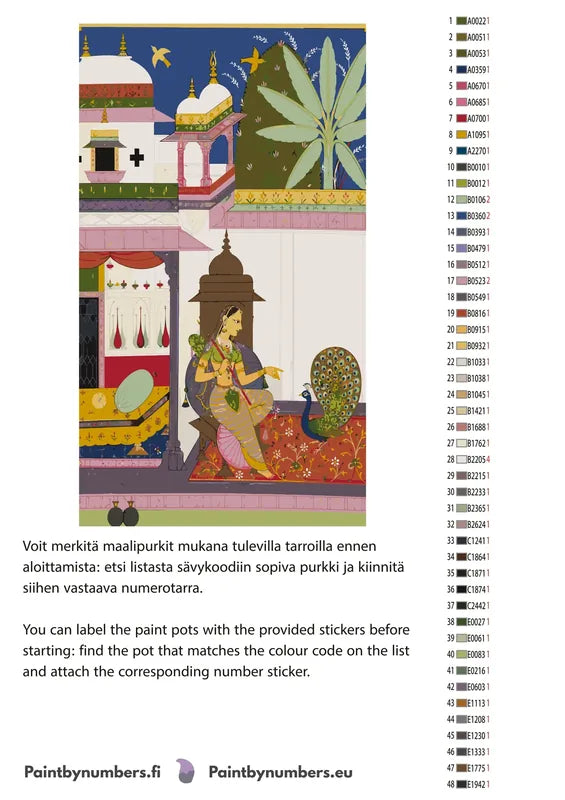 Paint color chart and instructions - Woman Addressing a Peacock Gujari Ragini of Megh 40x70cm