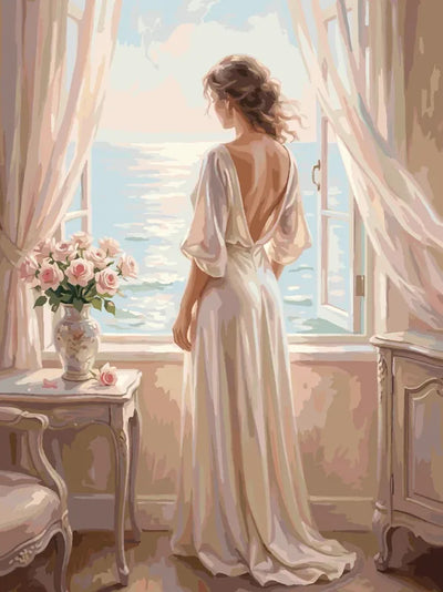 Woman at open window paint by numbers, light dress, and sea view.