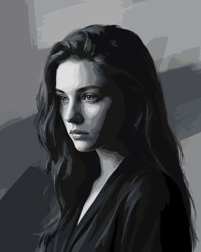 Woman in shadow portrait paint by numbers. Shades of grey and black.