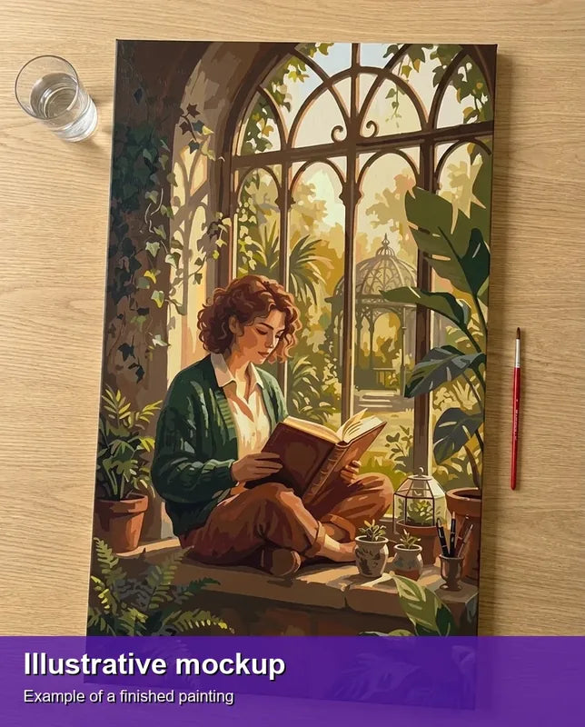Finished paint by numbers mockup - Woman Reading by Window 40x70cm