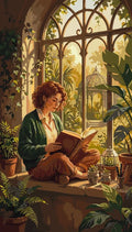 Thumbnail for Woman reading by window, surrounded by plants, paint by numbers.