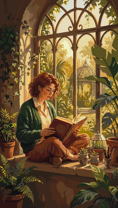 Woman reading by window, surrounded by plants, paint by numbers.