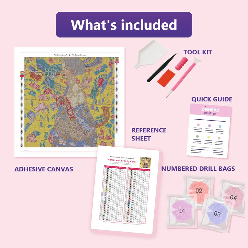 What is included in the Woman with a Fan by Klimt diamond painting kit - adhesive canvas, reference sheet, tools and numbered drill bags