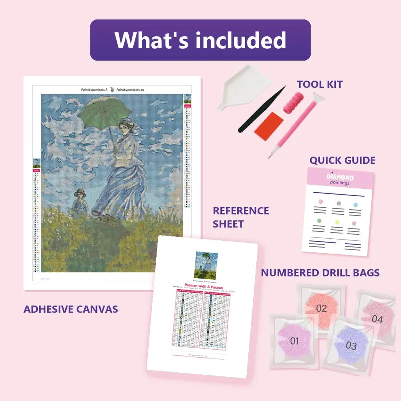Woman With A Parasol 40x50cm diamond painting kit contents: adhesive canvas, color chart, tools and diamond bags