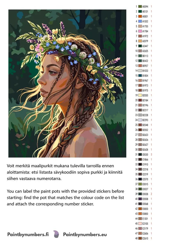 Paint color chart and instructions - Woman with Flower Crown 40x50cm