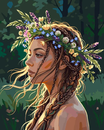 Woman with flower crown in forest paint by numbers