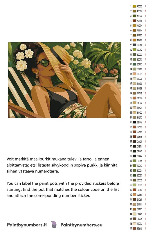 Paint color chart and instructions - Woman with Sun Hat 60x40cm