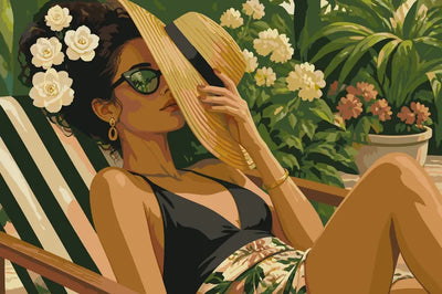 Woman in sun hat with flowers in hair, paint by numbers