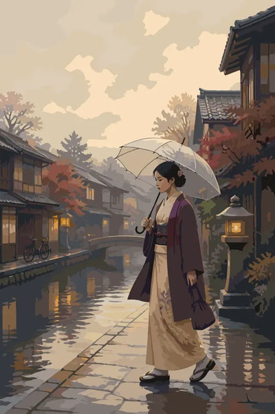 Japanese woman with umbrella by canal paint by numbers