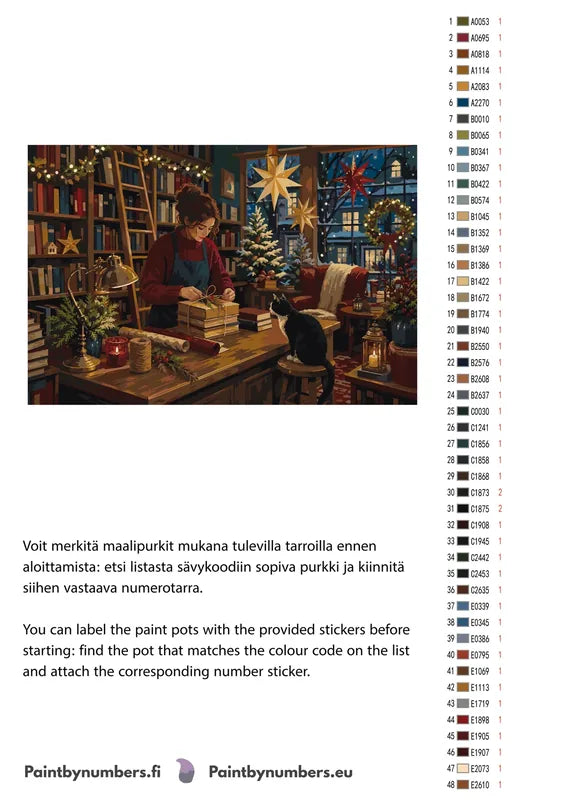 Paint color chart and instructions - Woman Wrapping Books Cat 60x40cm