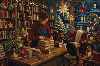 Woman wrapping books, cat on table, Christmas tree, paint by numbers.