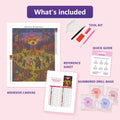 Thumbnail for What is included in the Woodland Animals Festival Night diamond painting kit - adhesive canvas, reference sheet, tools and numbered drill bags