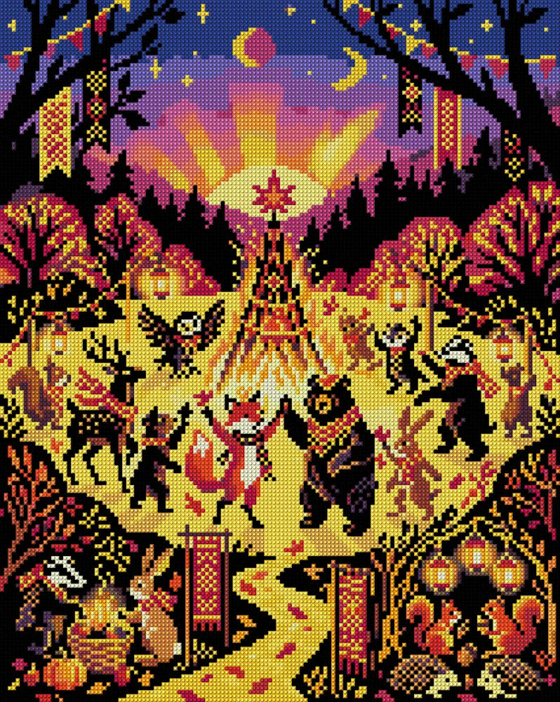 Woodland Animals Festival Night, 40x50 cm diamond painting – full design preview without the close-up inset