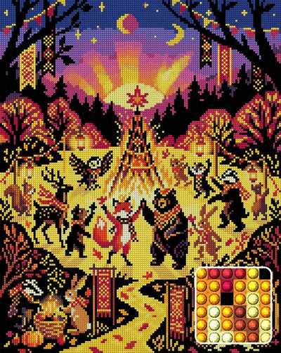 Woodland Animals Festival Night, 40x50 cm diamond painting – finished design preview with a close-up of round drills