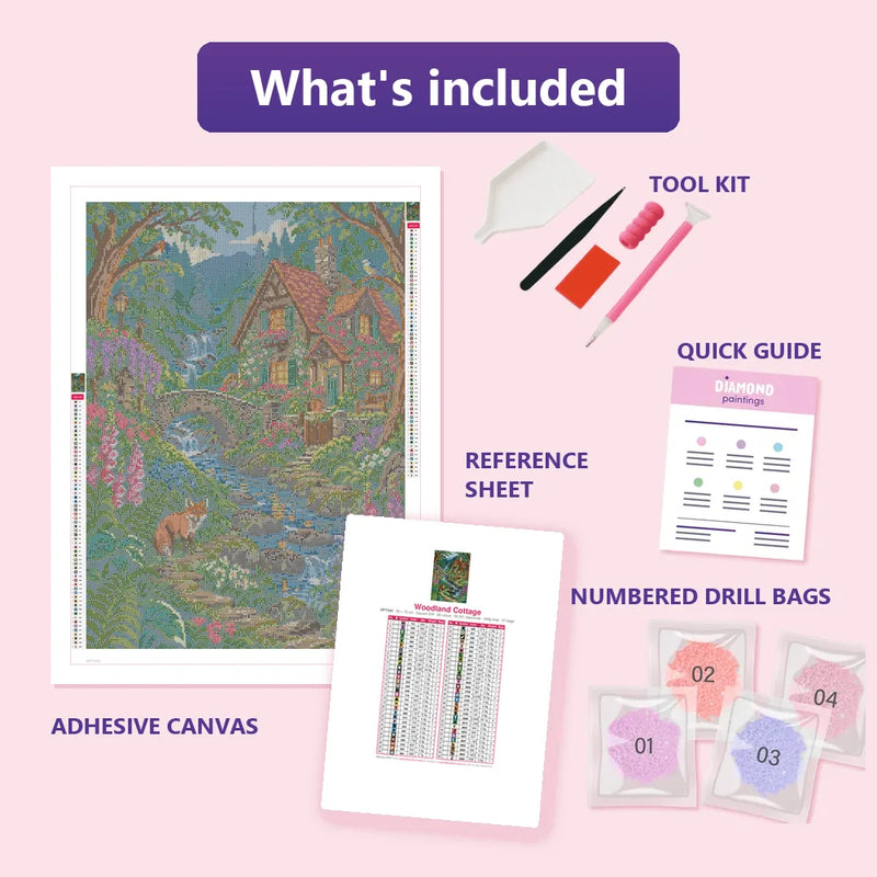 What is included in the Woodland Cottage diamond painting kit - adhesive canvas, reference sheet, tools and numbered drill bags