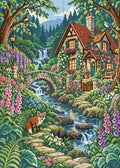 Miniatyrbild: Diamond painting-motiv med en skogsstuga med upplysta fönster, stenbro, blommor och en räv