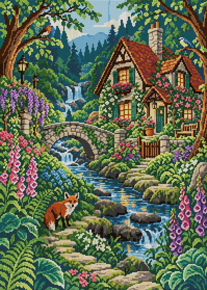 Woodland Cottage, 50x70 cm diamond painting – full design preview without the close-up inset