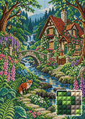 Thumbnail for Woodland Cottage, 50x70 cm diamond painting – finished design preview with a close-up of square drills