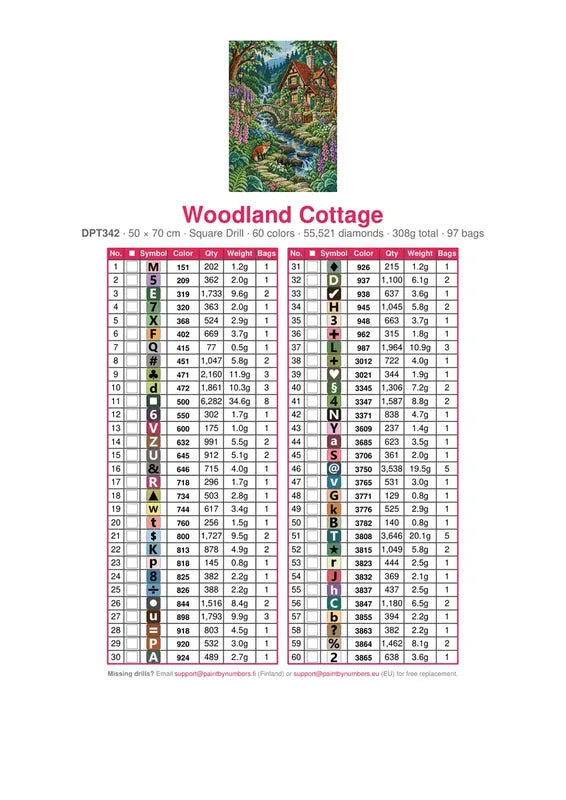 DMC color chart for Woodland Cottage diamond painting - 60 colors