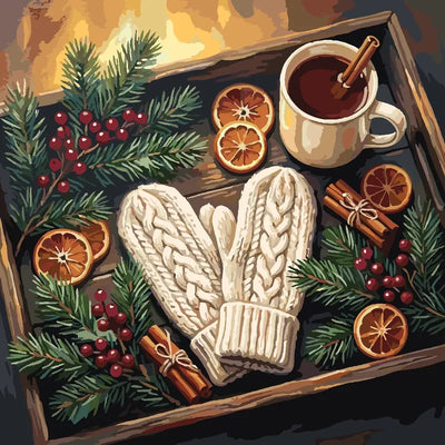 Wool mittens, tea cup, pine branches, and oranges paint by numbers.