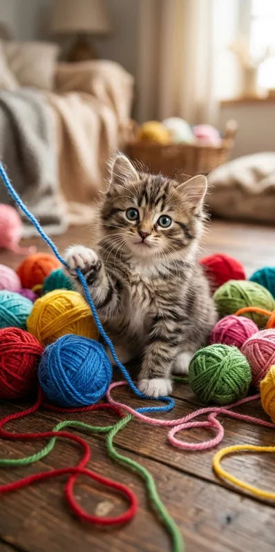 Diamond painting featuring a kitten playing among colorful balls of yarn on a wooden floor.