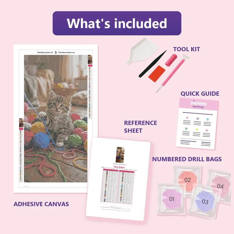 Yarn Kitten 30x60cm diamond painting kit contents: adhesive canvas, color chart, tools and diamond bags