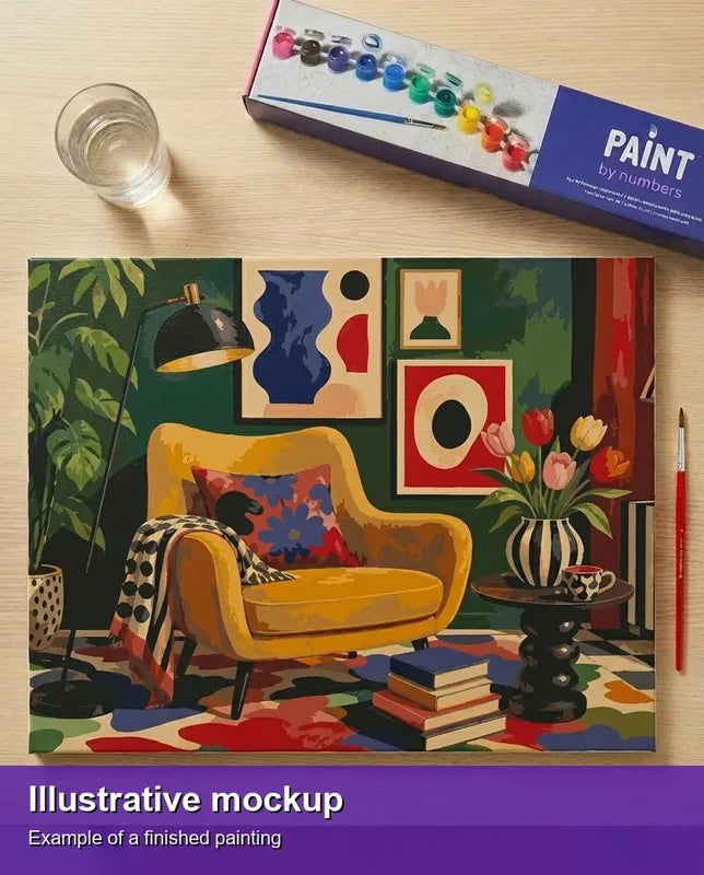 Finished paint by numbers mockup - Yellow Armchair and Tulips 50x40cm