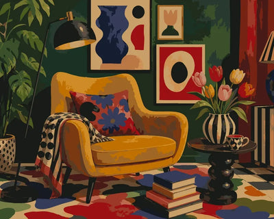 Yellow armchair and tulips in living room paint by numbers